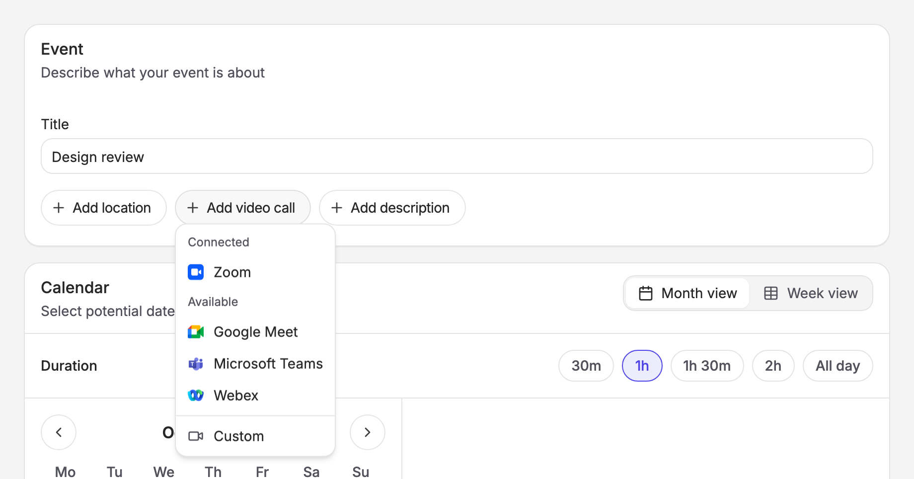 The Add video call menu on the poll form, listing the connected and available providers